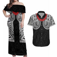 Samoan Traditional Art Tattoos Couples Matching Off Shoulder Maxi Dress and Hawaiian Shirt Tatau Tribal Motifs with Ula Fala Black - Polynesian Pride