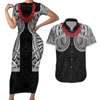 Samoan Traditional Art Tattoos Couples Matching Short Sleeve Bodycon Dress and Hawaiian Shirt Tatau Tribal Motifs with Ula Fala Black - Polynesian Pride