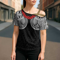 Samoan Traditional Art Tattoos Cross Shoulder Shirt Tatau Tribal Motifs with Ula Fala Black - Polynesian Pride