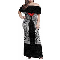 Samoan Traditional Art Tattoos Family Matching Off Shoulder Maxi Dress and Hawaiian Shirt Tatau Tribal Motifs with Ula Fala Black - Polynesian Pride