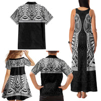 Samoan Traditional Art Tattoos Family Matching Tank Maxi Dress and Hawaiian Shirt Tatau Tribal Motifs with Ula Fala Black - Polynesian Pride