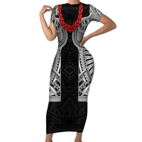 Samoan Traditional Art Tattoos Short Sleeve Bodycon Dress Tatau Tribal Motifs with Ula Fala Black - Polynesian Pride