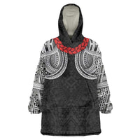 Samoan Traditional Art Tattoos Wearable Blanket Hoodie Tatau Tribal Motifs with Ula Fala Black - Polynesian Pride