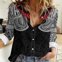 Samoan Traditional Art Tattoos Women Casual Shirt Tatau Tribal Motifs with Ula Fala Black - Polynesian Pride