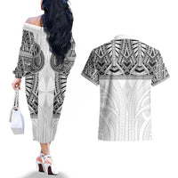 Samoan Traditional Art Tattoos Couples Matching Off The Shoulder Long Sleeve Dress and Hawaiian Shirt Tatau Tribal Motifs with Ula Nifo White - Polynesian Pride