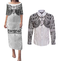 Samoan Traditional Art Tattoos Couples Matching Puletasi and Long Sleeve Button Shirt Tatau Tribal Motifs with Ula Nifo White - Polynesian Pride