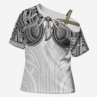 Samoan Traditional Art Tattoos Cross Shoulder Shirt Tatau Tribal Motifs with Ula Nifo White - Polynesian Pride