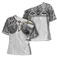 Samoan Traditional Art Tattoos Cross Shoulder Shirt Tatau Tribal Motifs with Ula Nifo White - Polynesian Pride
