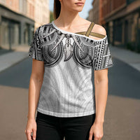 Samoan Traditional Art Tattoos Cross Shoulder Shirt Tatau Tribal Motifs with Ula Nifo White - Polynesian Pride