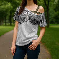 Samoan Traditional Art Tattoos Cross Shoulder Shirt Tatau Tribal Motifs with Ula Nifo White - Polynesian Pride