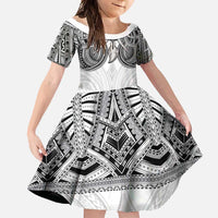Samoan Traditional Art Tattoos Family Matching Long Sleeve Bodycon Dress and Hawaiian Shirt Tatau Tribal Motifs with Ula Nifo White LT03 Daughter's Dress White - Polynesian Pride