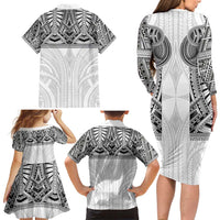 Samoan Traditional Art Tattoos Family Matching Long Sleeve Bodycon Dress and Hawaiian Shirt Tatau Tribal Motifs with Ula Nifo White - Polynesian Pride