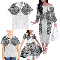 Samoan Traditional Art Tattoos Family Matching Off The Shoulder Long Sleeve Dress and Hawaiian Shirt Tatau Tribal Motifs with Ula Nifo White - Polynesian Pride