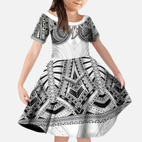 Samoan Traditional Art Tattoos Family Matching Short Sleeve Bodycon Dress and Hawaiian Shirt Tatau Tribal Motifs with Ula Nifo White LT03 Daughter's Dress White - Polynesian Pride