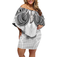 Samoan Traditional Art Tattoos Off Shoulder Short Dress Tatau Tribal Motifs with Ula Nifo White - Polynesian Pride