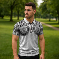Samoan Traditional Art Tattoos Zipper Polo Shirt Tatau Tribal Motifs with Ula Nifo White - Polynesian Pride