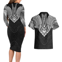 Samoan Traditional Art Tattoos Couples Matching Long Sleeve Bodycon Dress and Hawaiian Shirt Tatau Roman Reigns Black Color - Polynesian Pride