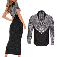 Samoan Traditional Art Tattoos Couples Matching Short Sleeve Bodycon Dress and Long Sleeve Button Shirt Tatau Roman Reigns Black Color LT03 - Polynesian Pride