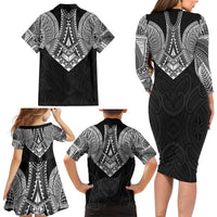 Samoan Traditional Art Tattoos Family Matching Long Sleeve Bodycon Dress and Hawaiian Shirt Tatau Roman Reigns Black Color - Polynesian Pride