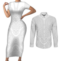 Samoan Traditional Art Tattoos Couples Matching Short Sleeve Bodycon Dress and Long Sleeve Button Shirt Tatau Roman Reigns White Color - Polynesian Pride