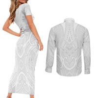 Samoan Traditional Art Tattoos Couples Matching Short Sleeve Bodycon Dress and Long Sleeve Button Shirt Tatau Roman Reigns White Color - Polynesian Pride