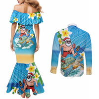 Polynesian Merry Christmas Couples Matching Mermaid Dress and Long Sleeve Button Shirt Funny Santa with Sea Turtle Beach Plumeria - Polynesian Pride