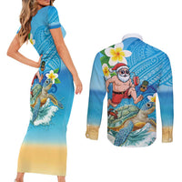 Polynesian Merry Christmas Couples Matching Short Sleeve Bodycon Dress and Long Sleeve Button Shirt Funny Santa with Sea Turtle Beach Plumeria - Polynesian Pride