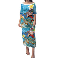 Polynesian Merry Christmas Family Matching Puletasi and Hawaiian Shirt Funny Santa with Sea Turtle Beach Plumeria - Polynesian Pride