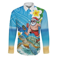 Polynesian Merry Christmas Family Matching Short Sleeve Bodycon Dress and Hawaiian Shirt Funny Santa with Sea Turtle Beach Plumeria LT03 Dad's Shirt - Long Sleeve Multicolor - Polynesian Pride