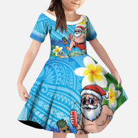 Polynesian Merry Christmas Family Matching Tank Maxi Dress and Hawaiian Shirt Funny Santa with Sea Turtle Beach Plumeria LT03 Daughter's Dress Multicolor - Polynesian Pride