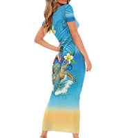Polynesian Merry Christmas Short Sleeve Bodycon Dress Funny Santa with Sea Turtle Beach Plumeria - Polynesian Pride