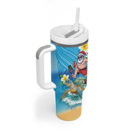 Polynesian Merry Christmas Tumbler With Handle Funny Santa with Sea Turtle Beach Plumeria - Polynesian Pride