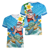 Polynesian Merry Christmas Women V-Neck T-Shirt Funny Santa with Sea Turtle Beach Plumeria - Polynesian Pride
