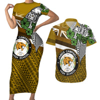 Hawaii James Campbell High School Couples Matching Short Sleeve Bodycon Dress and Hawaiian Shirt Kakau Pattern Gold Color Version LT03 Gold - Polynesian Pride