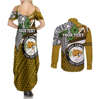 Hawaii James Campbell High School Couples Matching Summer Maxi Dress and Long Sleeve Button Shirt Kakau Pattern Gold Color Version LT03 - Polynesian Pride