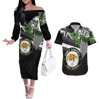 Hawaii James Campbell High School Couples Matching Off The Shoulder Long Sleeve Dress and Hawaiian Shirt Kakau Pattern Black Version LT03 Black - Polynesian Pride