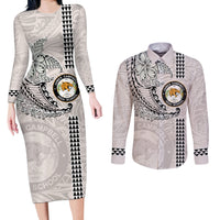 Custom Hawaii James Campbell High School Couples Matching Long Sleeve Bodycon Dress and Long Sleeve Button Shirt Tribal Kakau Pattern LT03 White - Polynesian Pride
