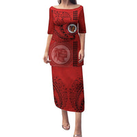 Hawaii Kahuku High & Intermediate School Family Matching Puletasi Dress and Hawaiian Shirt Tribal Kakau Pattern LT03 Mom's Dress Red - Polynesian Pride