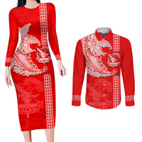 Hawaii Kalani High School Couples Matching Long Sleeve Bodycon Dress and Long Sleeve Button Shirt Tribal Kakau Pattern LT03 Red - Polynesian Pride