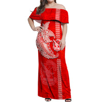 Hawaii Kalani High School Off Shoulder Maxi Dress Tribal Kakau Pattern LT03 Women Red - Polynesian Pride