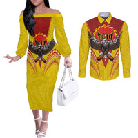 American Samoa Fautasi Race Couples Matching Off The Shoulder Long Sleeve Dress and Long Sleeve Button Shirt Pago Pago-Aeto Samoan Tattoo and Eagle