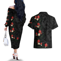 Hawaiian Taro Leaves-Hibiscus and Plumeria Couples Matching Off The Shoulder Long Sleeve Dress and Hawaiian Shirt Floral Tribal Tattoo Motif