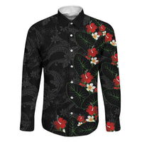 Hawaiian Taro Leaves-Hibiscus and Plumeria Family Matching Off Shoulder Maxi Dress and Hawaiian Shirt Floral Tribal Tattoo Motif LT03 Dad's Shirt - Long Sleeve Black - Polynesian Pride