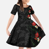 Hawaiian Taro Leaves-Hibiscus and Plumeria Family Matching Summer Maxi Dress and Hawaiian Shirt Floral Tribal Tattoo Motif LT03 Daughter's Dress Black - Polynesian Pride