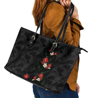 Hawaiian Taro Leaves-Hibiscus and Plumeria Leather Tote Bag Floral Tribal Tattoo Motif