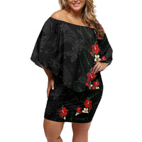 Hawaiian Taro Leaves-Hibiscus and Plumeria Off Shoulder Short Dress Floral Tribal Tattoo Motif