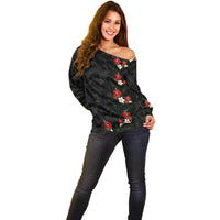 Hawaiian Taro Leaves-Hibiscus and Plumeria Off Shoulder Sweater Floral Tribal Tattoo Motif