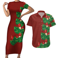Hawaiian Taro Leaves-Hibiscus and Plumeria Couples Matching Short Sleeve Bodycon Dress and Hawaiian Shirt Polynesian Art-Kakau Tattoo Red