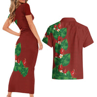 Hawaiian Taro Leaves-Hibiscus and Plumeria Couples Matching Short Sleeve Bodycon Dress and Hawaiian Shirt Polynesian Art-Kakau Tattoo Red