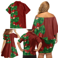 Hawaiian Taro Leaves-Hibiscus and Plumeria Family Matching Off Shoulder Short Dress and Hawaiian Shirt Polynesian Art-Kakau Tattoo Red